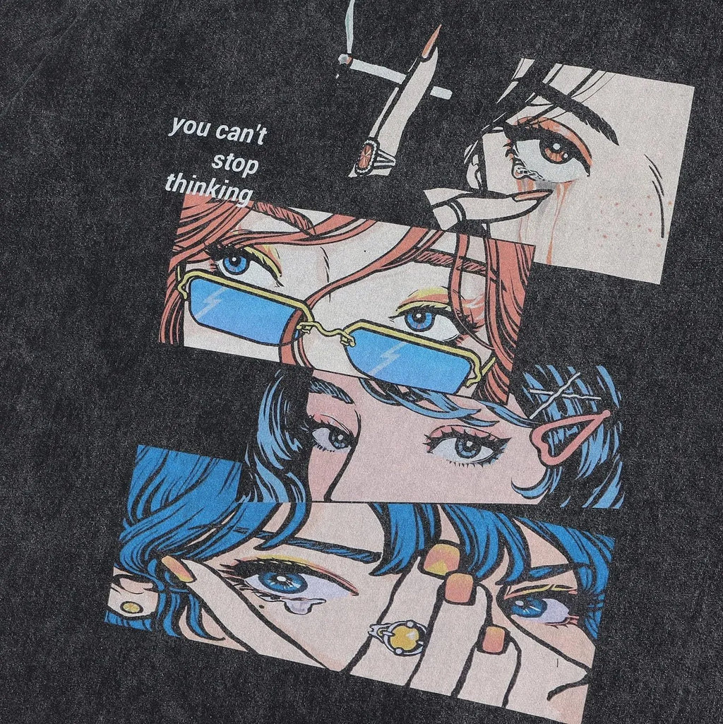 Retro men's cotton T-shirt with cartoon digital printing in loose fit washed black colour