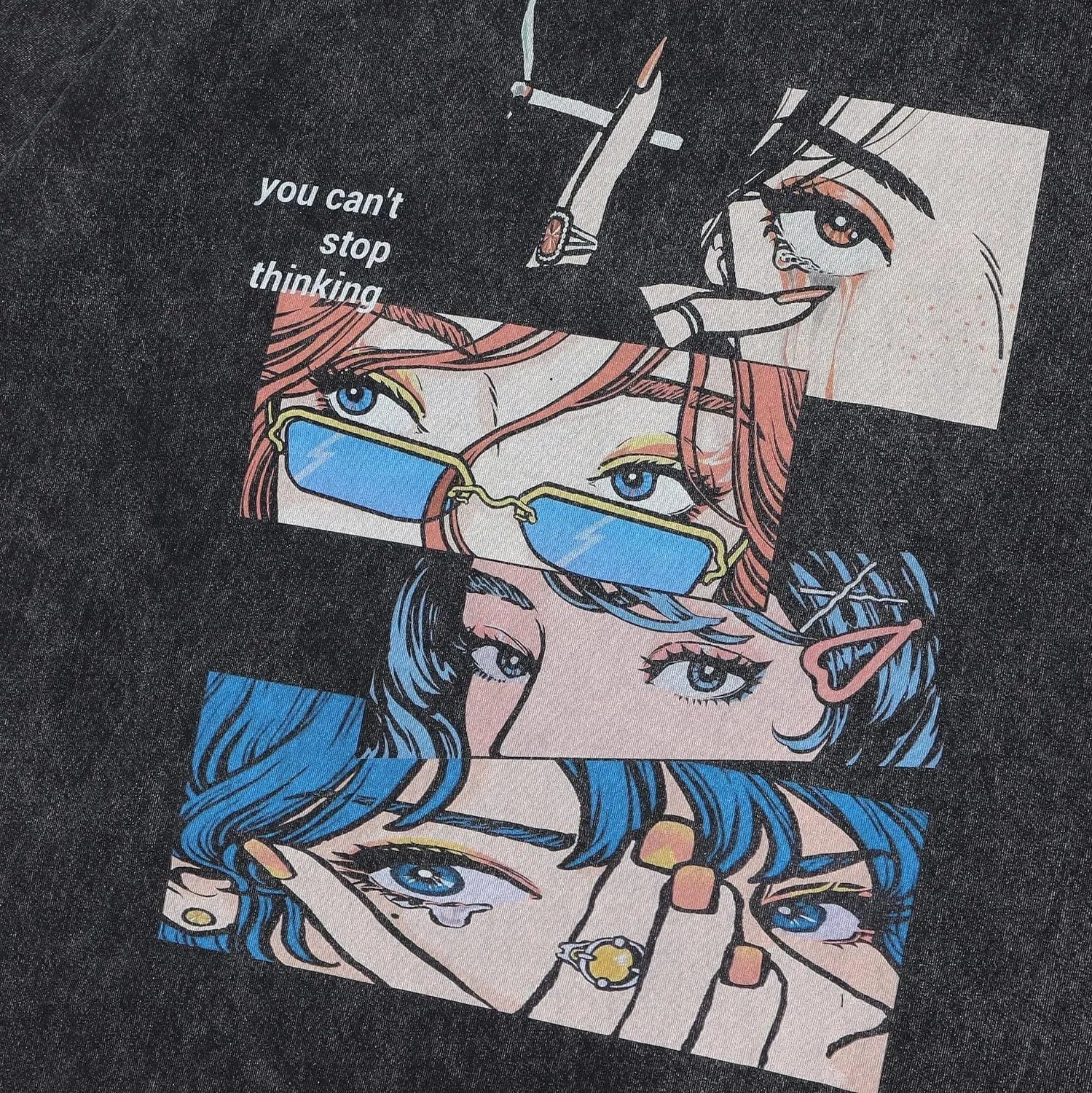 Retro men's cotton T-shirt with cartoon digital printing in loose fit washed black colour