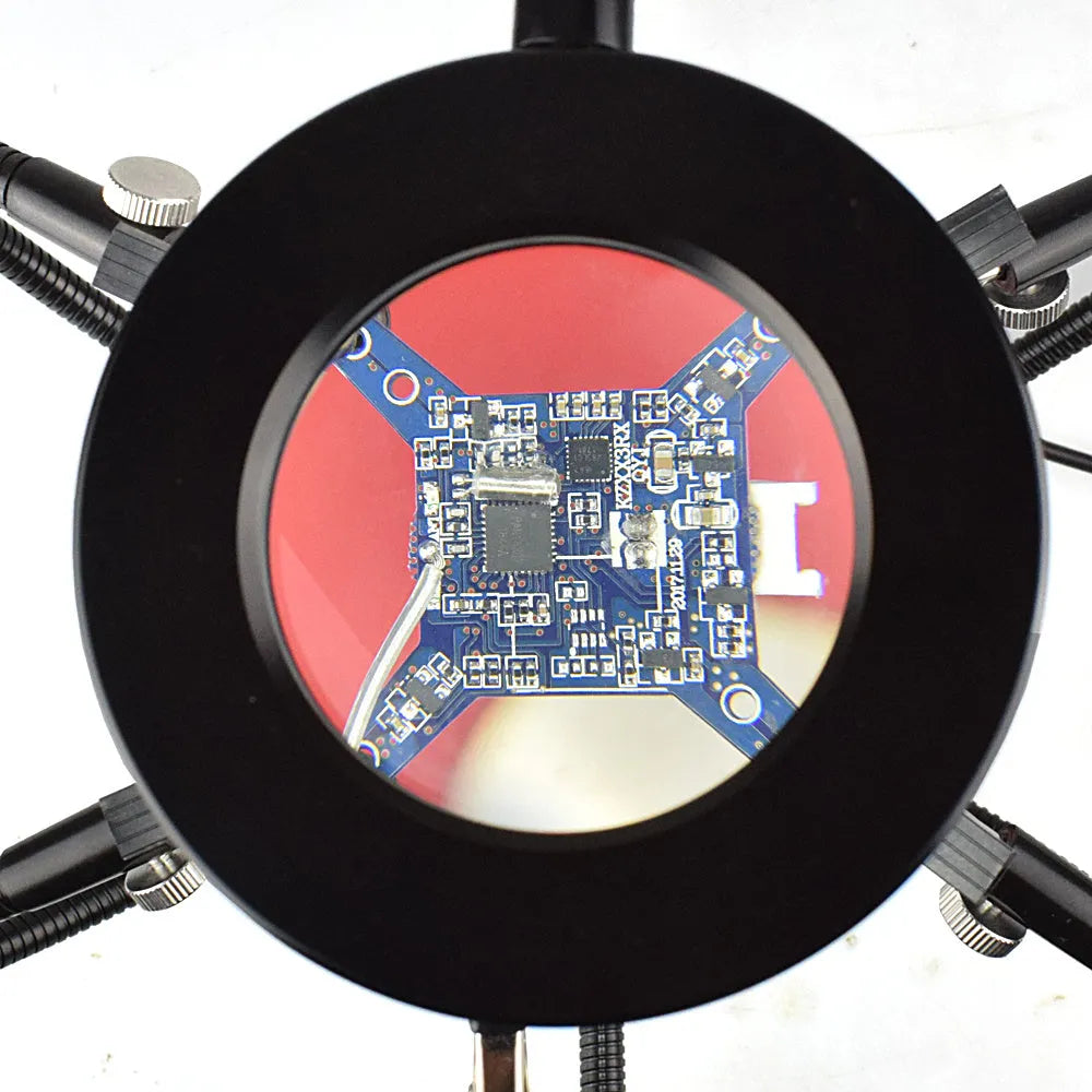 Soldering station LED lamp with 3x magnifying glass on aluminium base, adjustable arm, and 42 SMD LEDs