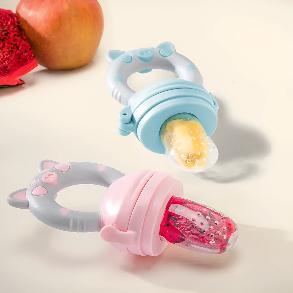 Silicone baby teether in blue, green, or pink with textured mouthpiece for gum relief