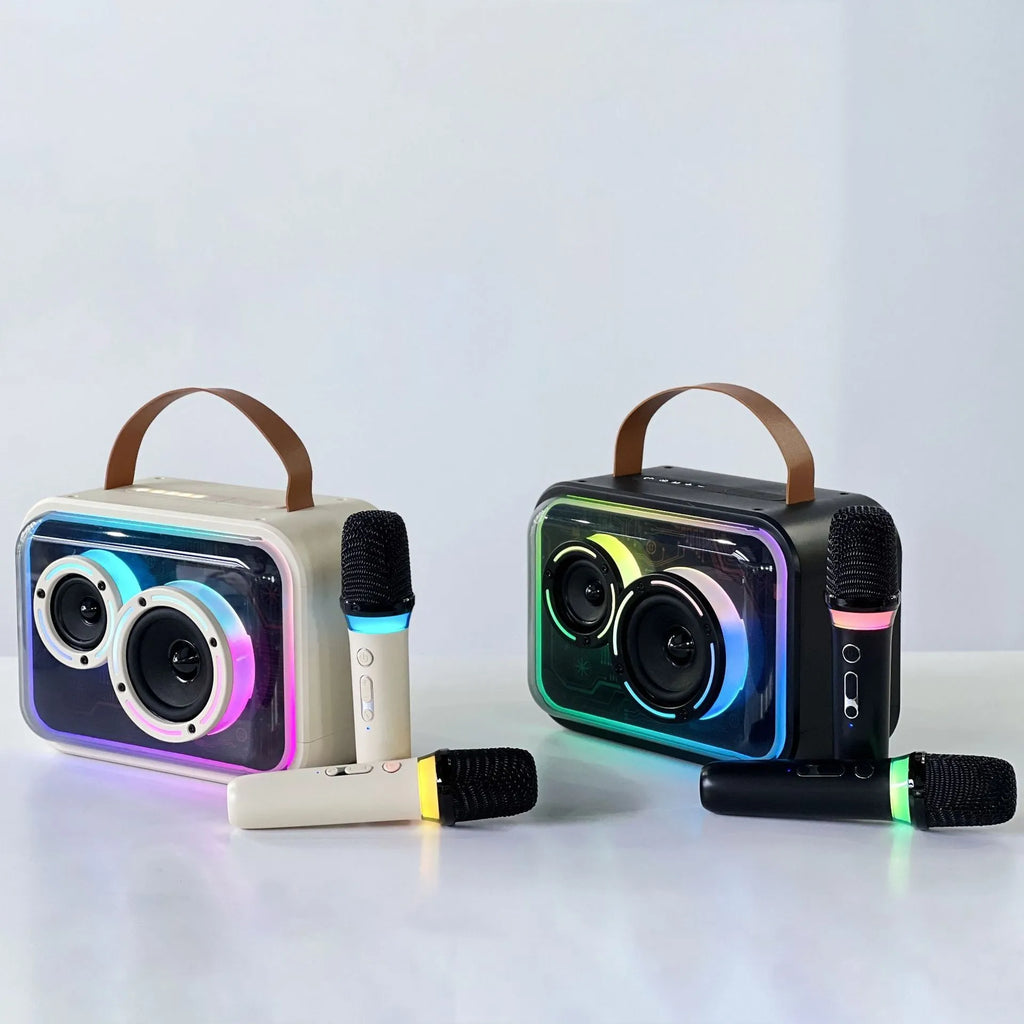 Portable Bluetooth karaoke speaker with RGB lights in light yellow or black with microphone