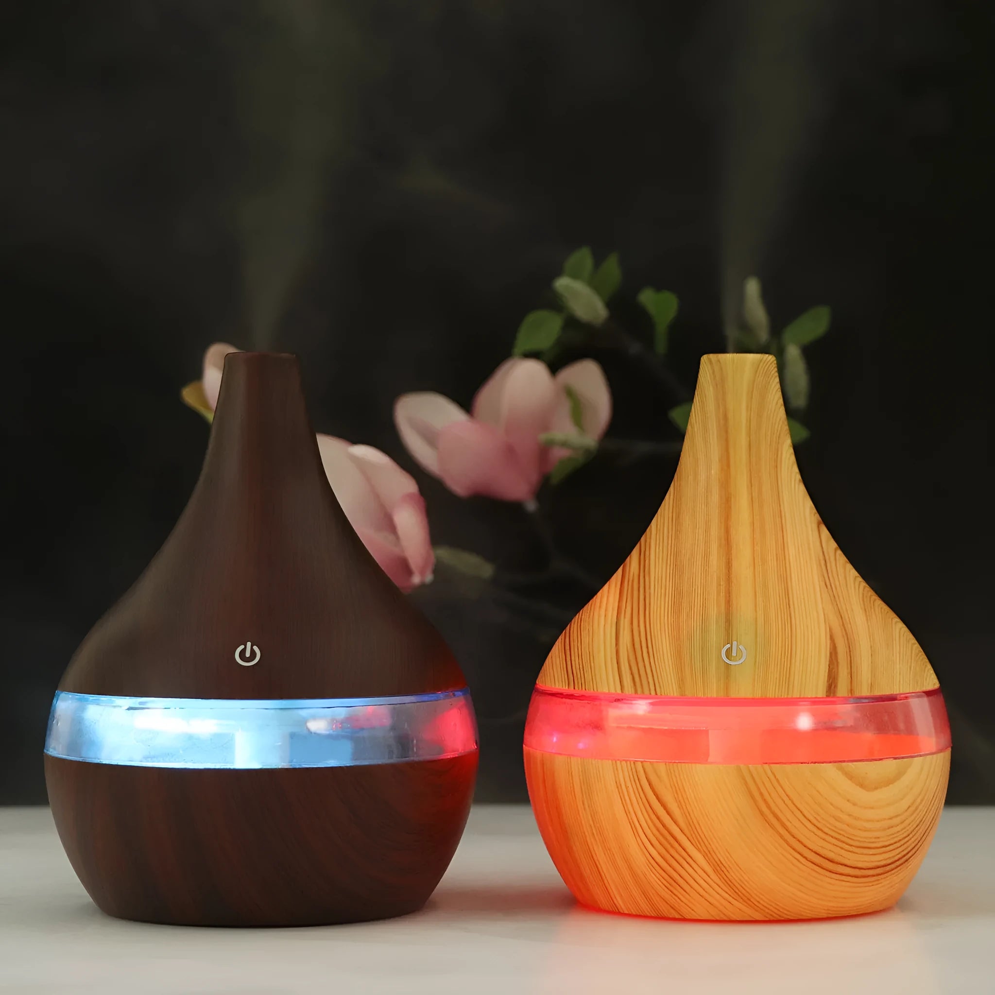 USB-powered mini air purifier humidifier with wood grain finish and column design