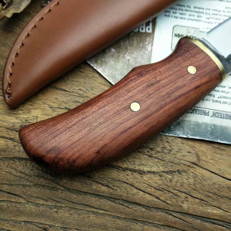 Brown outdoor survival knife with stainless steel 8cm blade and mahogany handle