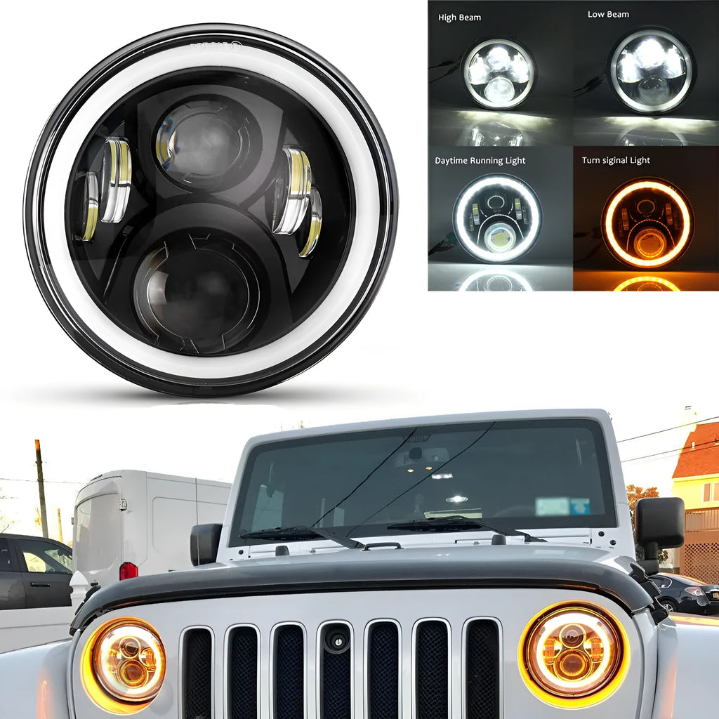 7 inch round LED headlight with angel eyes, black housing, 6500K, IP68, for 12V 24V vehicles