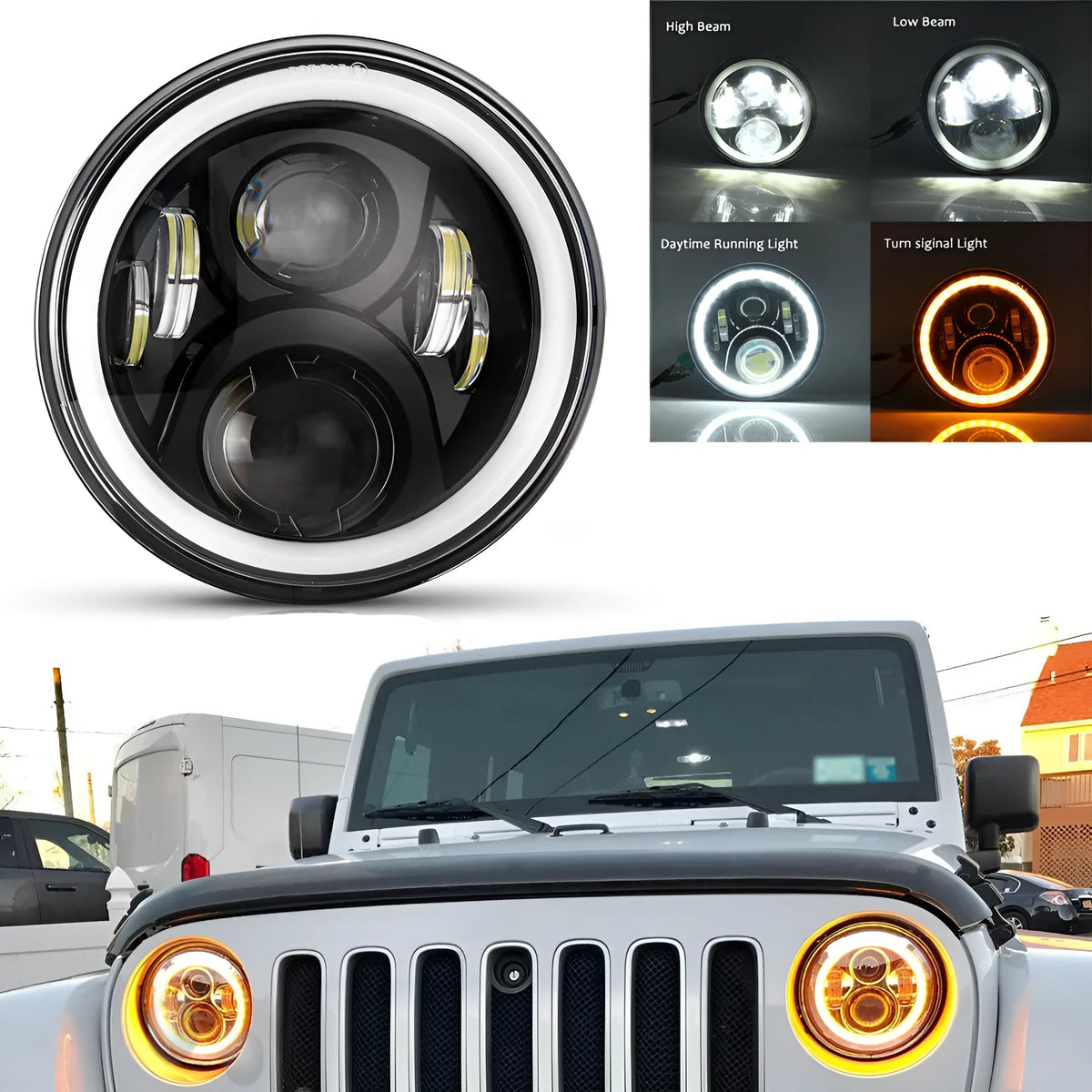 7 inch round LED headlight with angel eyes, black housing, 6500K, IP68, for 12V 24V vehicles