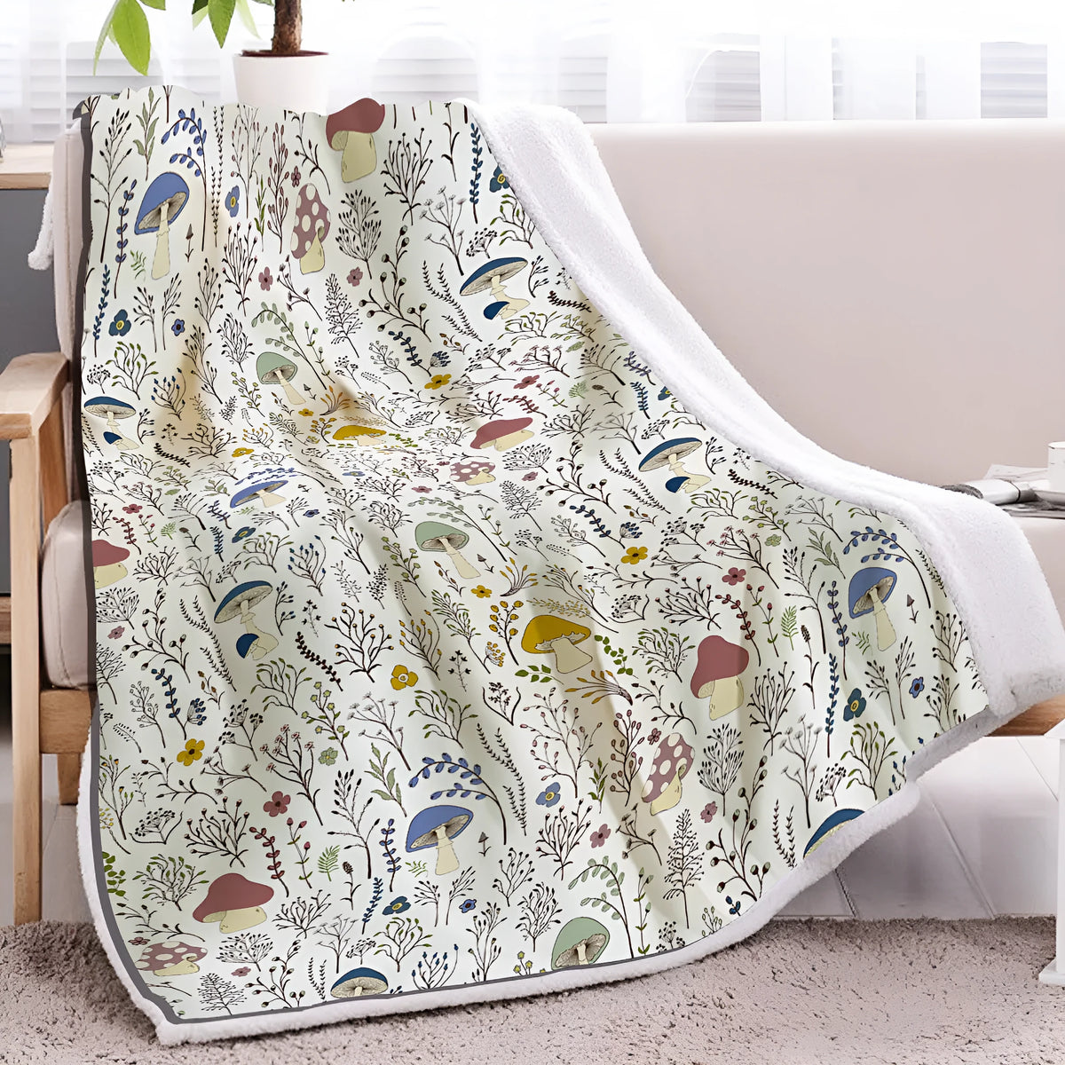 White tree leaf mushroom style lamb wool blanket, Sherpa fleece throw in 130x150cm and 150x200cm with hemmed edges