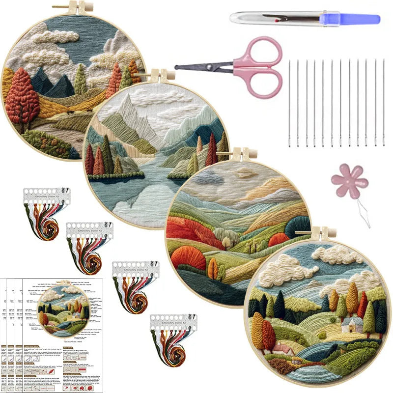 Embroidery DIY kit with bamboo frame, printed landscape fabric, embroidery thread and needles