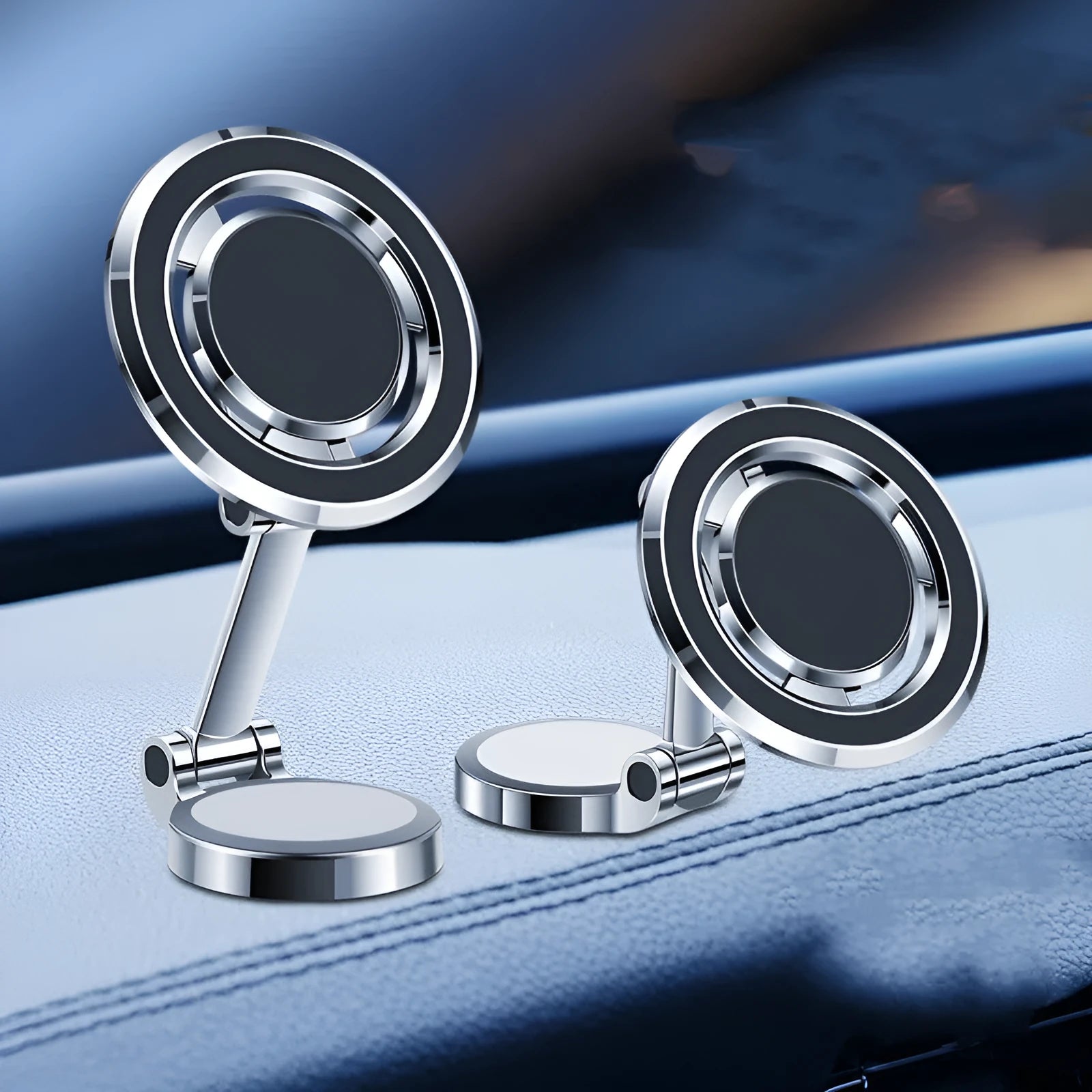 Black car phone holder with 360-degree rotation bracket mounted on dashboard