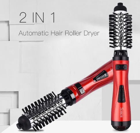 Red 2 in 1 hair dryer rotary brush styling tool with 3-speed control and 360-degree plug