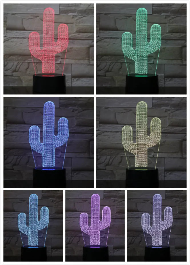 Cactus LED night light with 3D illusion board showing green glow on a table