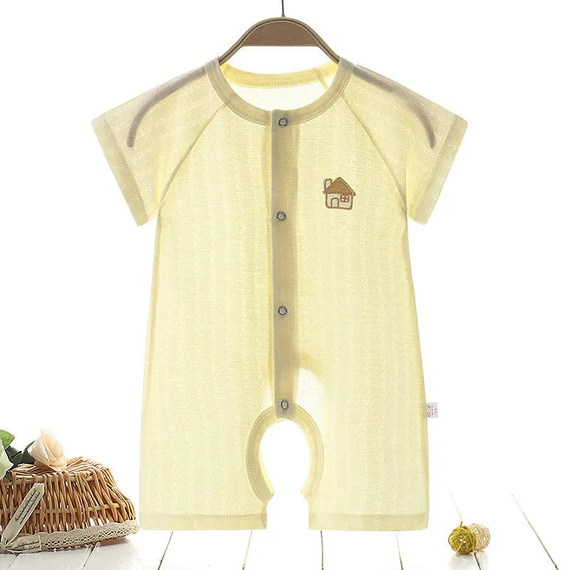 Pure cotton short sleeve baby bodysuit in summer colours, sizes 52cm to 90cm, with snap closures