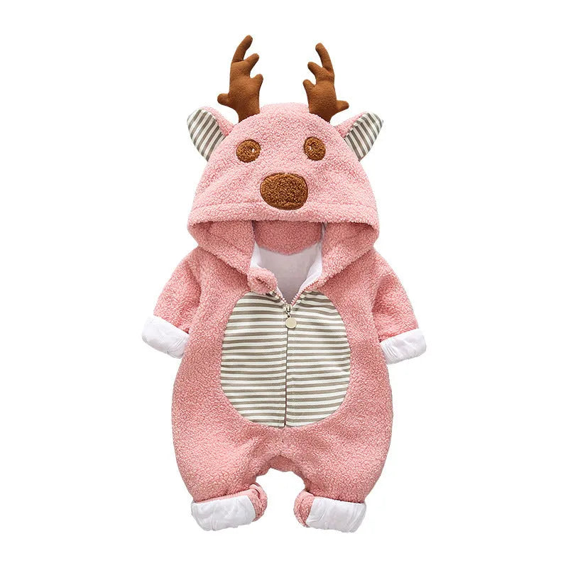 Long-sleeved baby romper with front lace-up strap closure in a khaki colour.