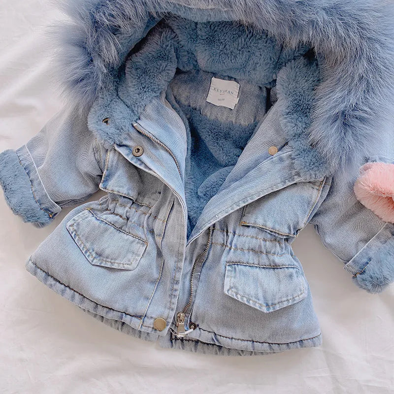 Blue girls' denim coat with a non-removable hood and fleece lining, shown on a hanger.