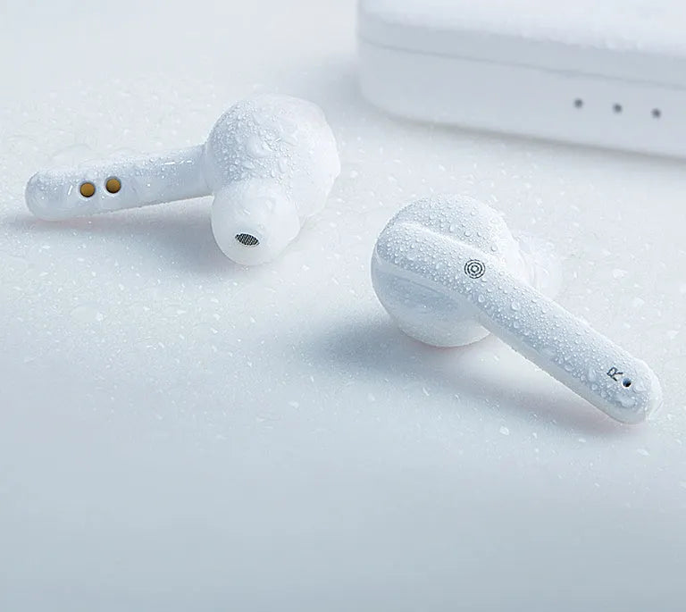 Black and white true wireless Bluetooth earbuds with in-ear design.