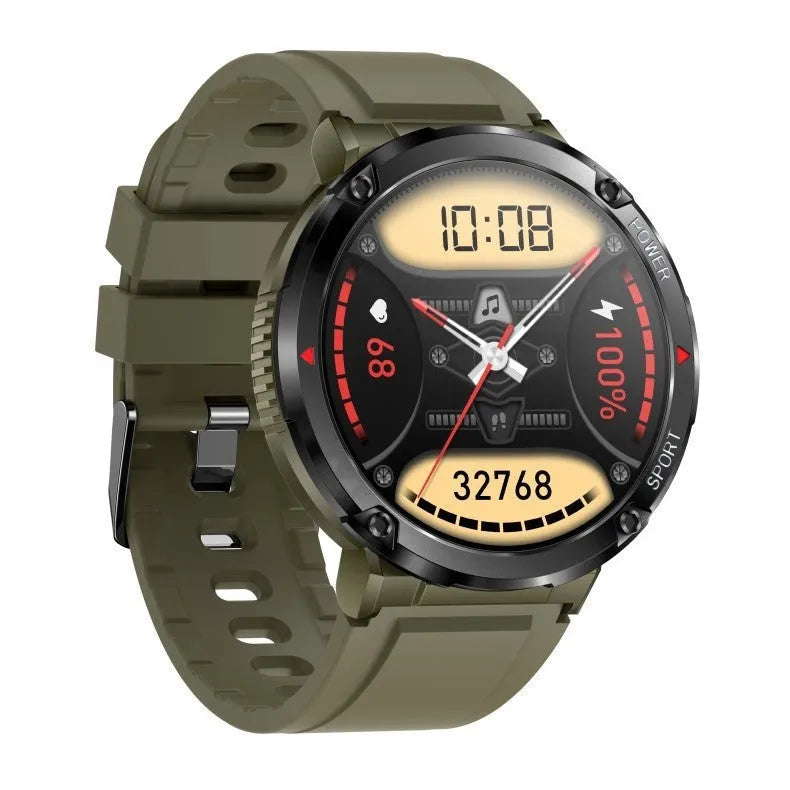 Black T30 smart watch with a silicone strap on a wrist, showing the IPS touchscreen display.