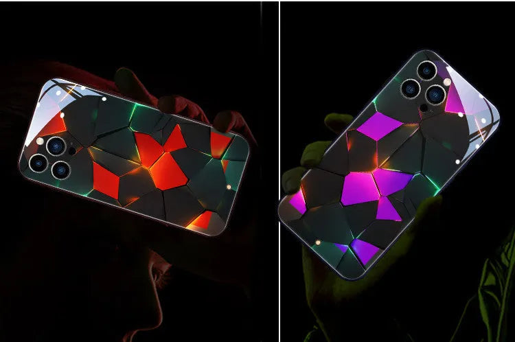 Xpress 14 tempered glass iPhone case with LED light-up diamond pattern on a dark background.