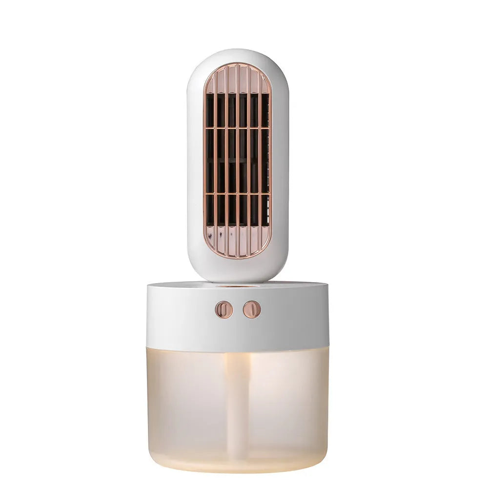 Small black and white humidifier fan with oscillating head on a table