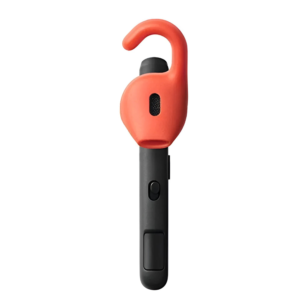 A black or silvery behind-the-ear Bluetooth earphone headset showing its over-the-ear hook design.