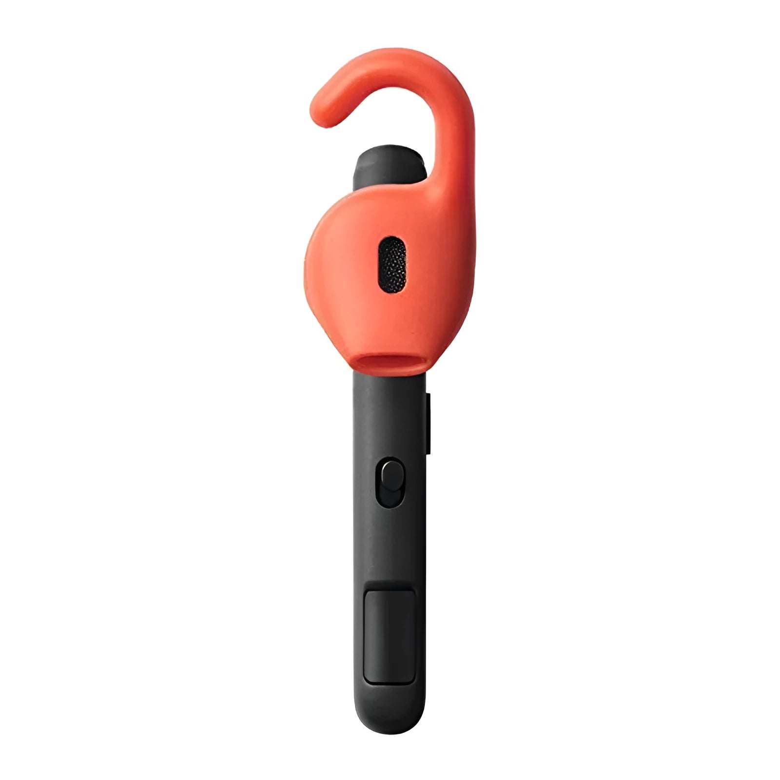 A black or silvery behind-the-ear Bluetooth earphone headset showing its over-the-ear hook design.
