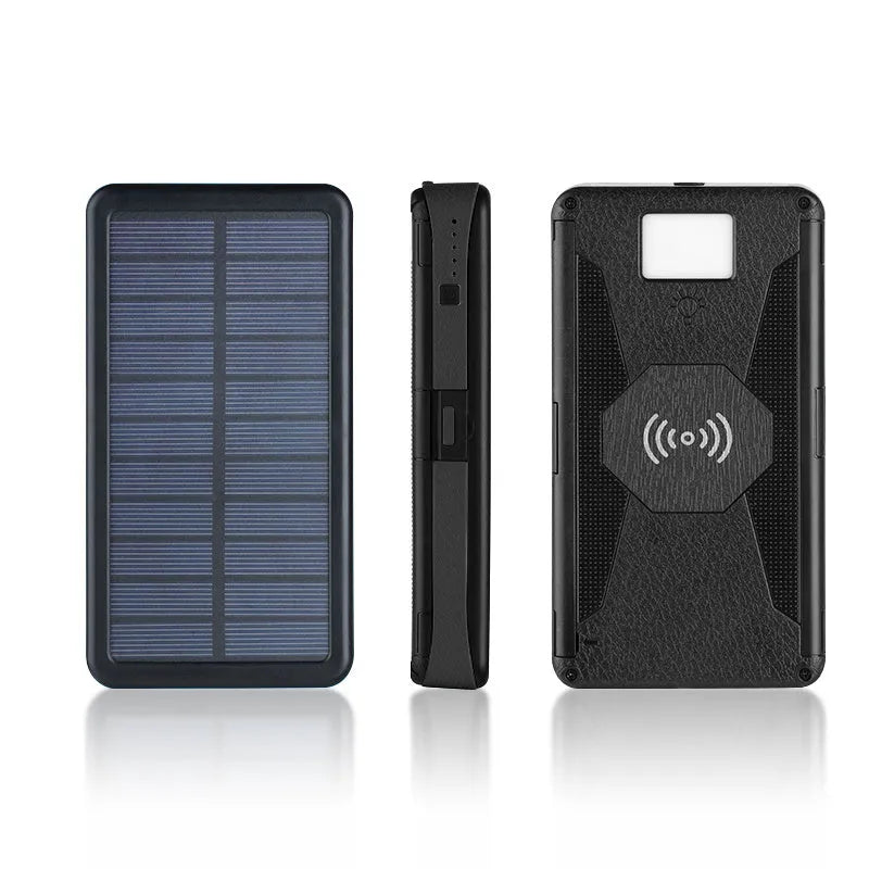 20000mAh magnetic solar power bank in black with IPX5 waterproof rating, showing solar panel and LED light