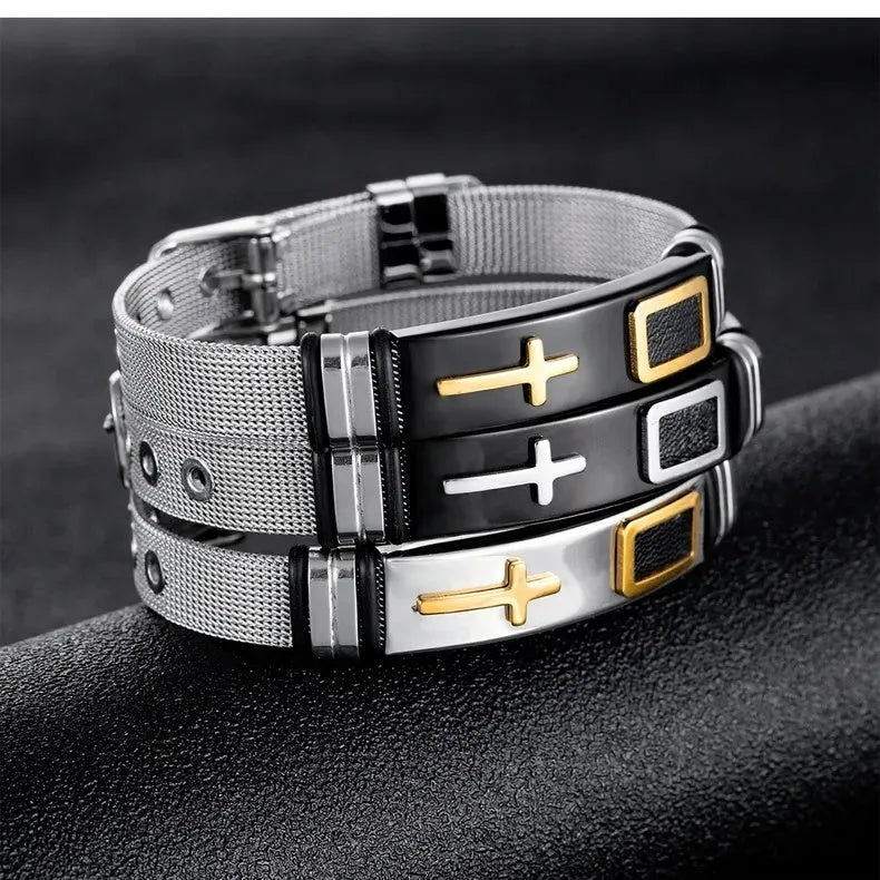 Adjustable 3D cross stainless steel mesh chain bracelet in gold on a white background