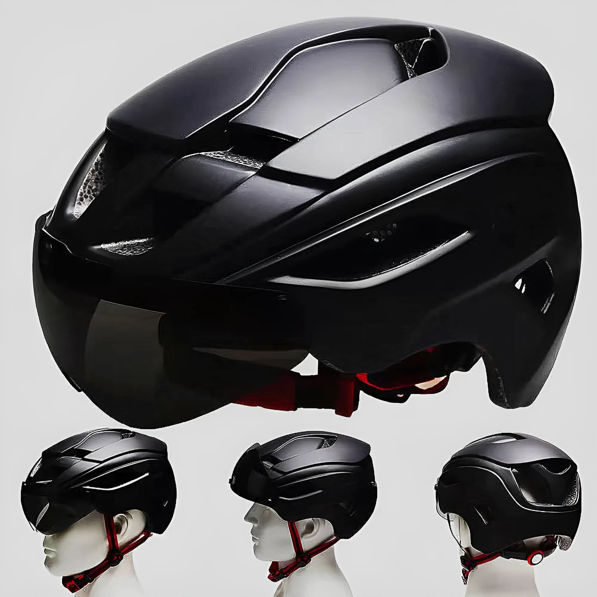 One-piece frosted goggles helmet with magnetic PC lens in black on neutral background