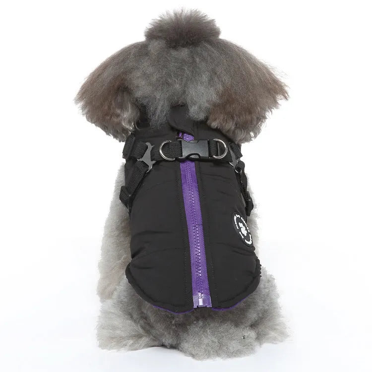 Polyester chest strap dog jacket with cotton padding in black, blue, green, or red