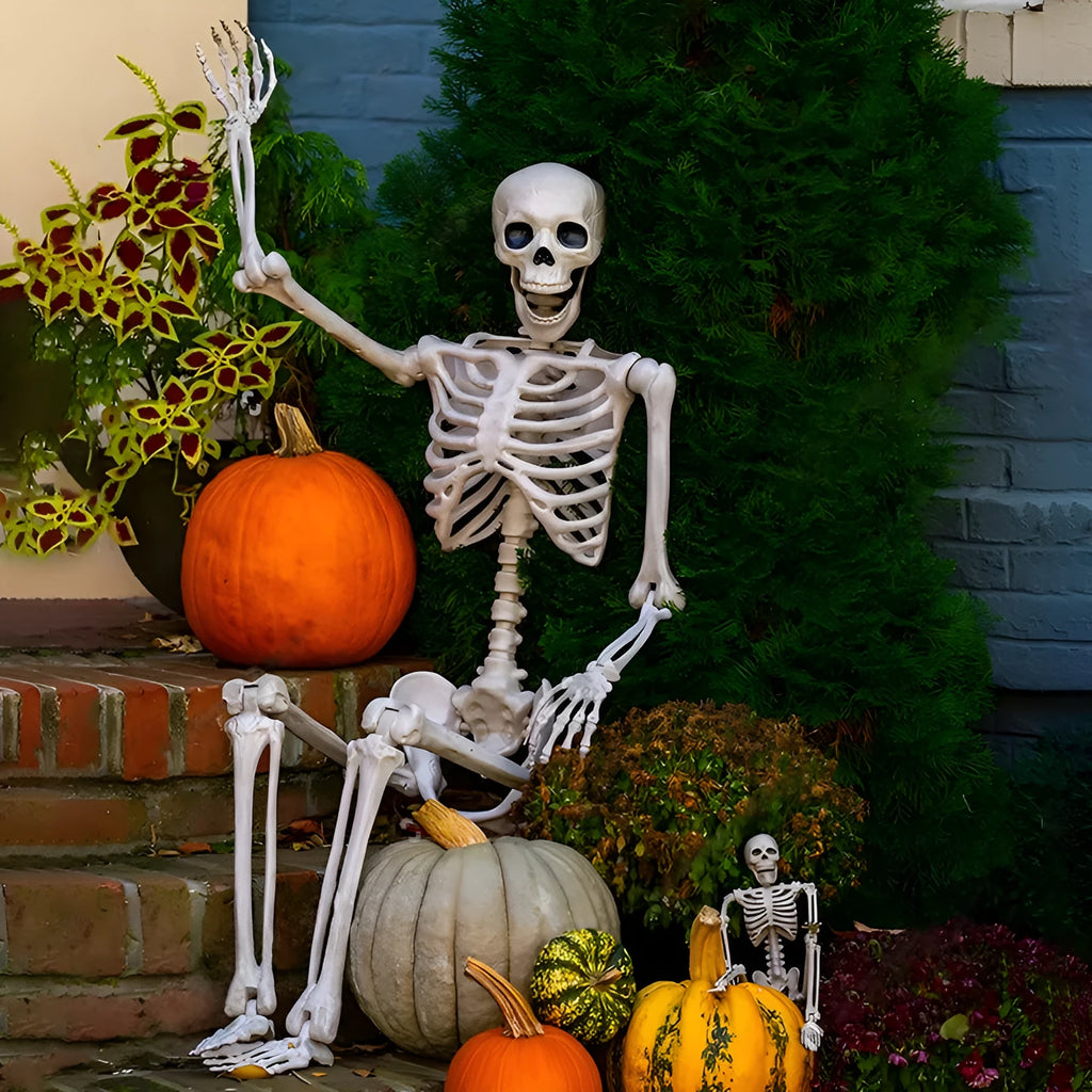 90cm tall white plastic Halloween skeleton with movable joints posed standing.