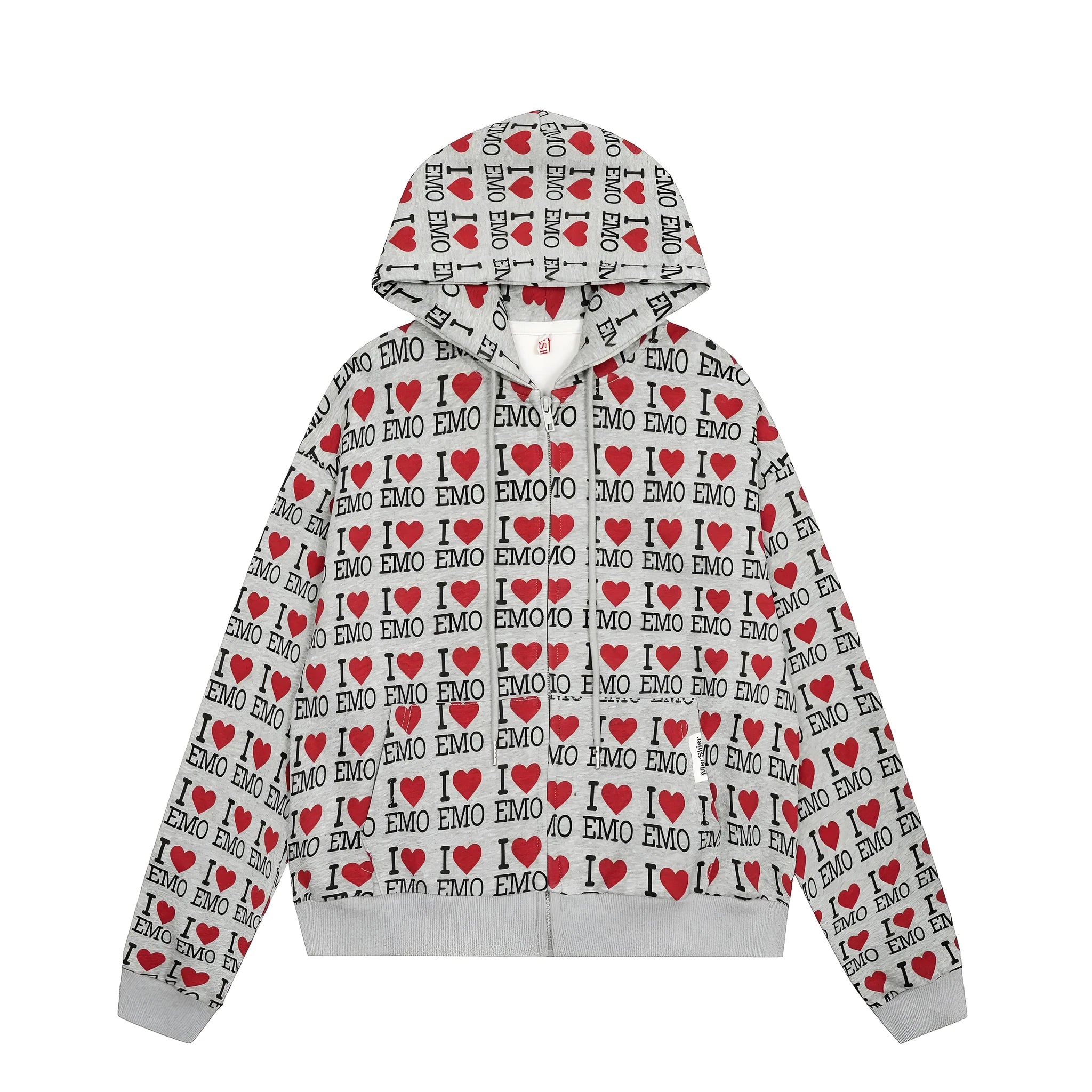 Women's melange grey cotton cardigan with a retro pattern and hood on a hanger.