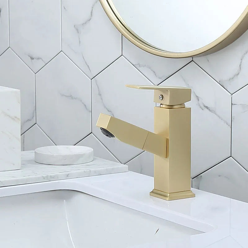 Nordic brass brushed gold pull faucet with square lever design for hot and cold water control