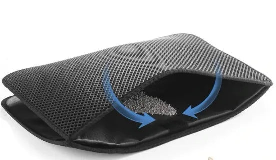 Waterproof EVA cat litter mat with double-layer honeycomb surface, available in black or grey and four sizes.