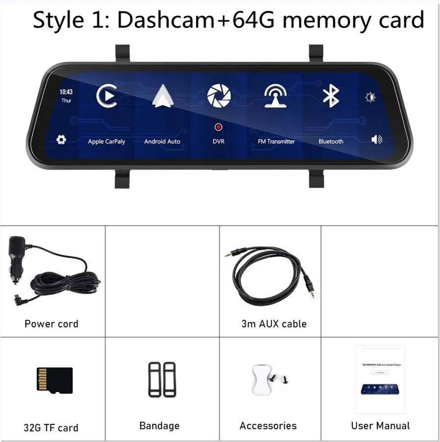 9.66-inch HD in-mirror driving recorder monitor with dash cam and waterproof rear view camera kit.