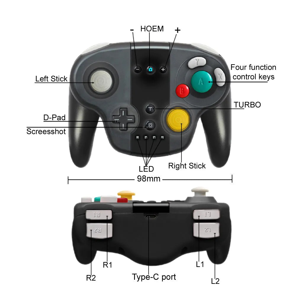 Black wireless gamepad controller with buttons, compatible with Nintendo SWITCH and Windows PCs.