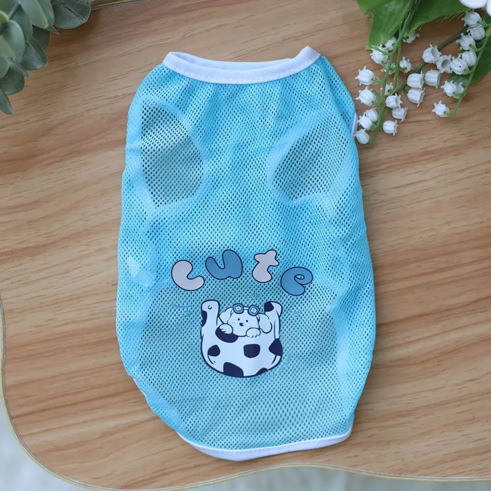 Spring summer grid cartoon printed polyester pet vest in blue, shown on a small dog, size range XS to 6XL