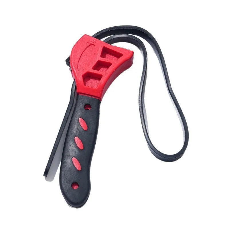 Adjustable rubber strap wrench in 6-inch and 8-inch sizes with plastic rubber strap and phosphated metal.