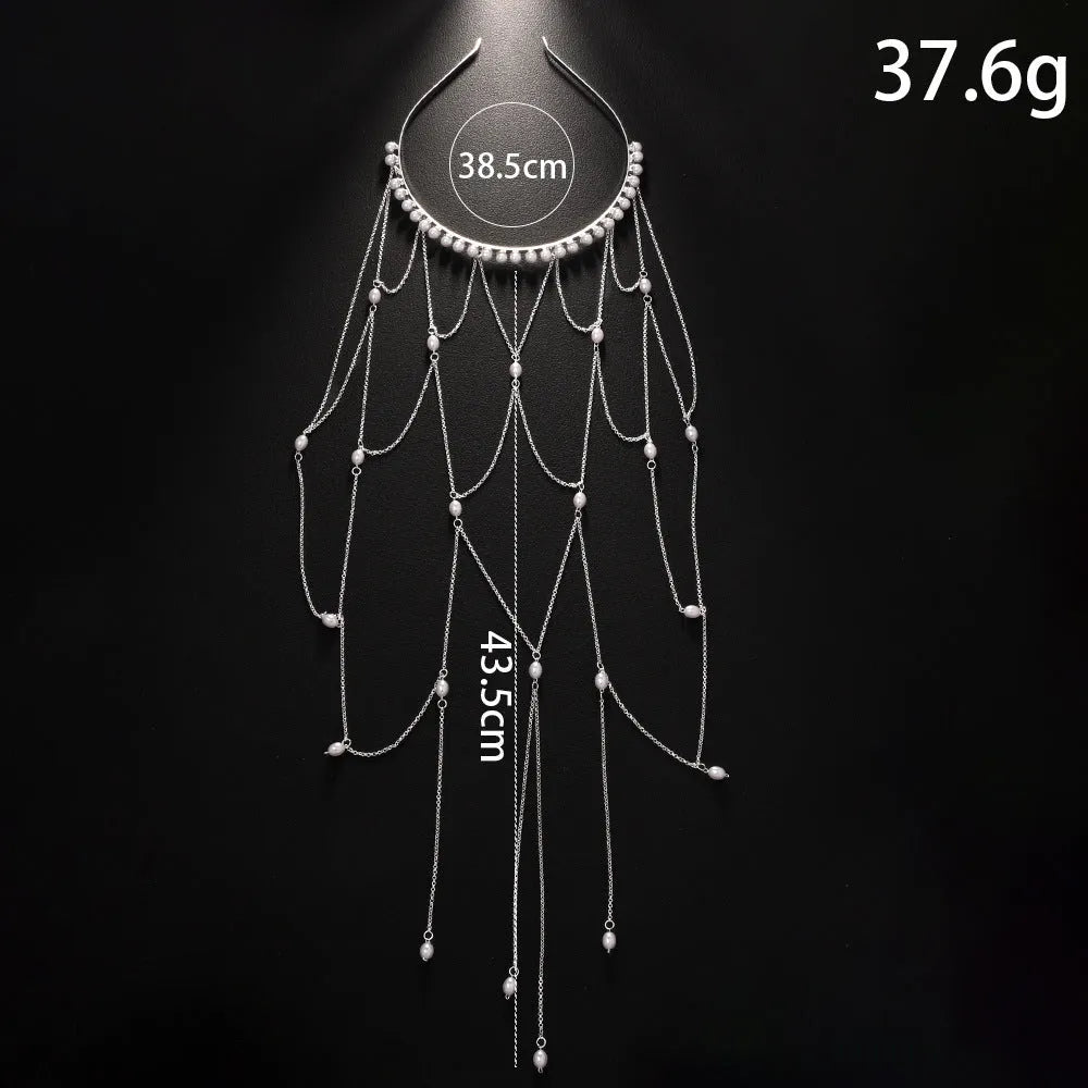 Gold and silver mesh tassel hair chain with pearl elements for women