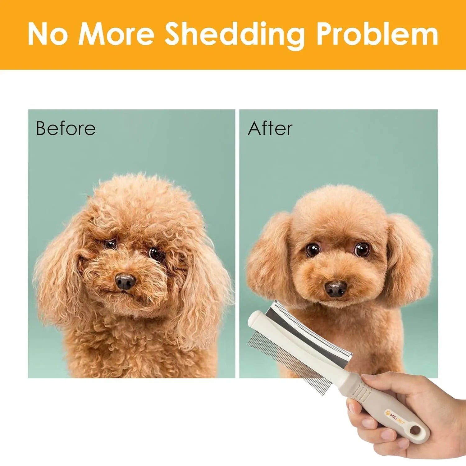 White double-sided pet deshedding brush and comb with ergonomic handle.