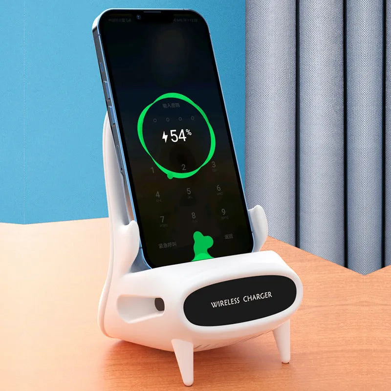 White mini chair-shaped wireless phone charger with 10W fast charging capability on desk