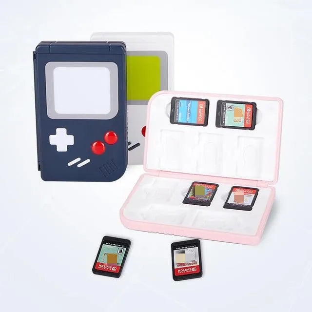 Compact blue Nintendo SWITCH game card storage box, shown next to game cards.