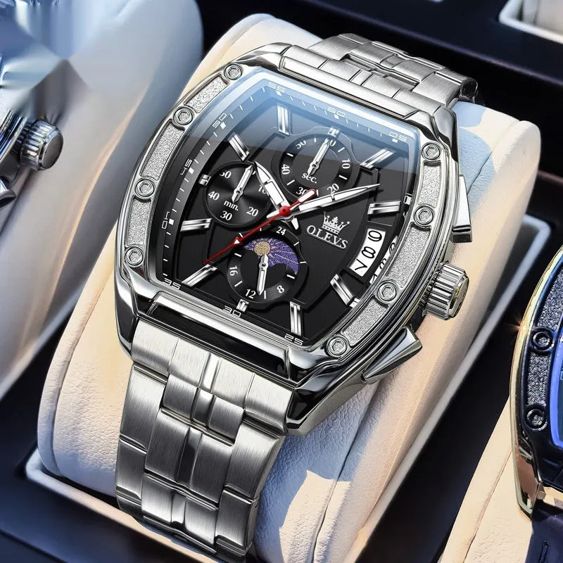 Men's steel belt quartz watch with blue dial, luminous hands, moon phase, and calendar