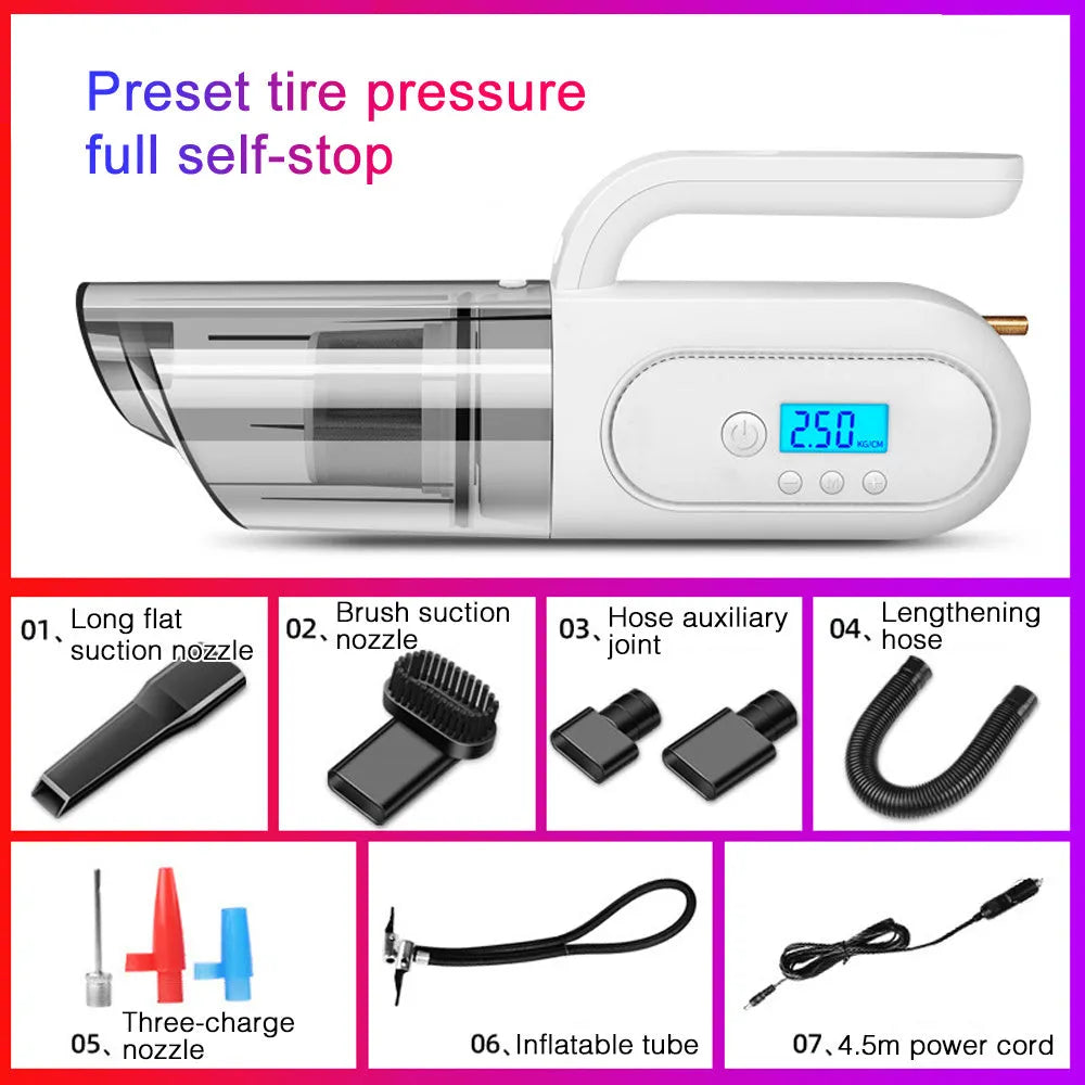 Multi-function 12V car vacuum cleaner with digital tire pressure display and inflation nozzle, ABS construction, Black and White colour options