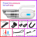 Multi-function 12V car vacuum cleaner with digital tire pressure display and inflation nozzle, ABS construction, Black and White colour options