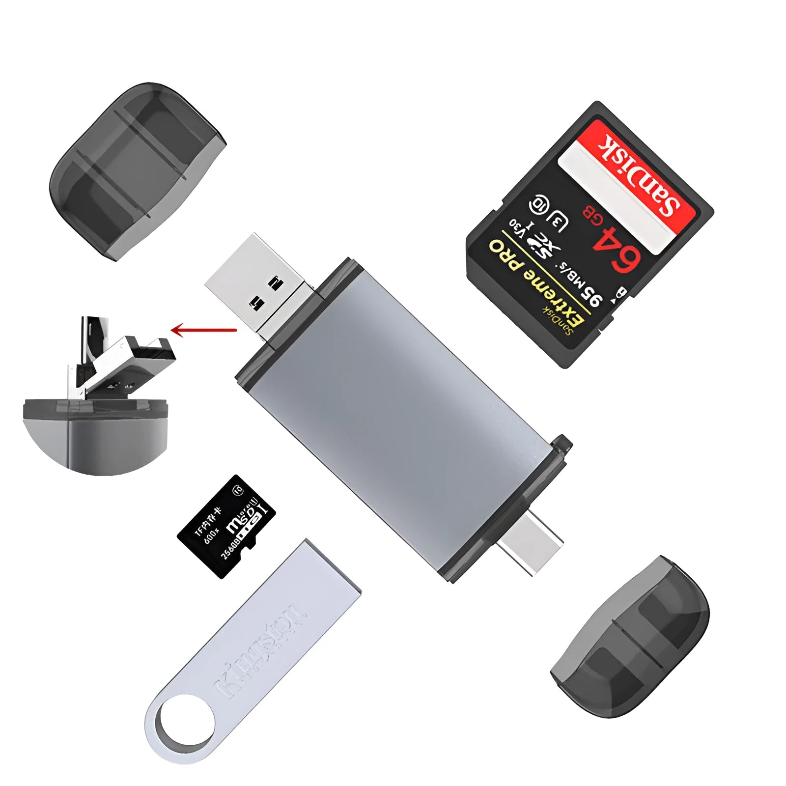 Grwibeou T-933 6-in-1 OTG card reader in black for computers and mobile phones