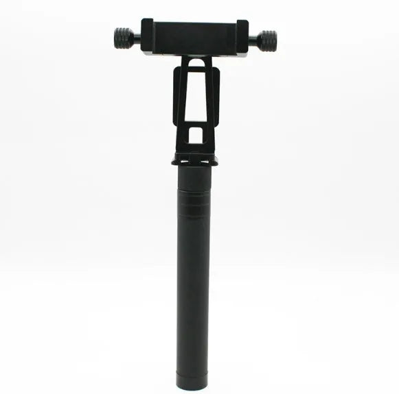 Black retractable aluminium selfie stick with phone clamp, extended to full length.