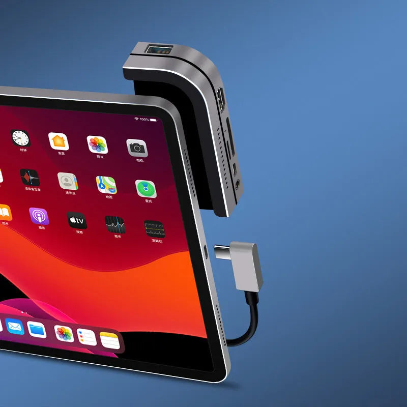 Silver aluminium grey USB-C 6-in-1 docking station for iPad Pro with HDMI port and card reader