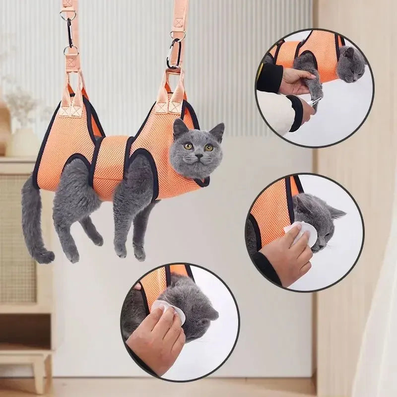 Cat secured in a hammock-style grooming restraint bag for nail cutting or bathing.