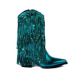 Women's black chunky heel tassel boots with a pointed toe and high stiletto heel on a white background.