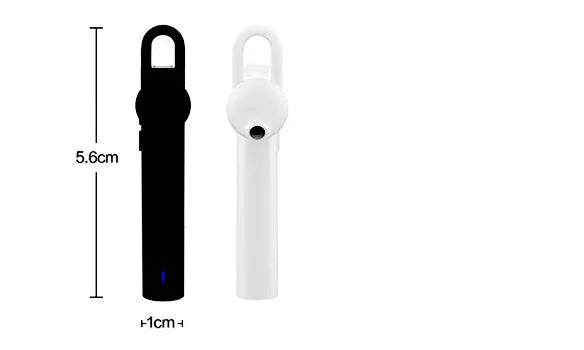 Compact black and white wireless Bluetooth headset showing size scale.