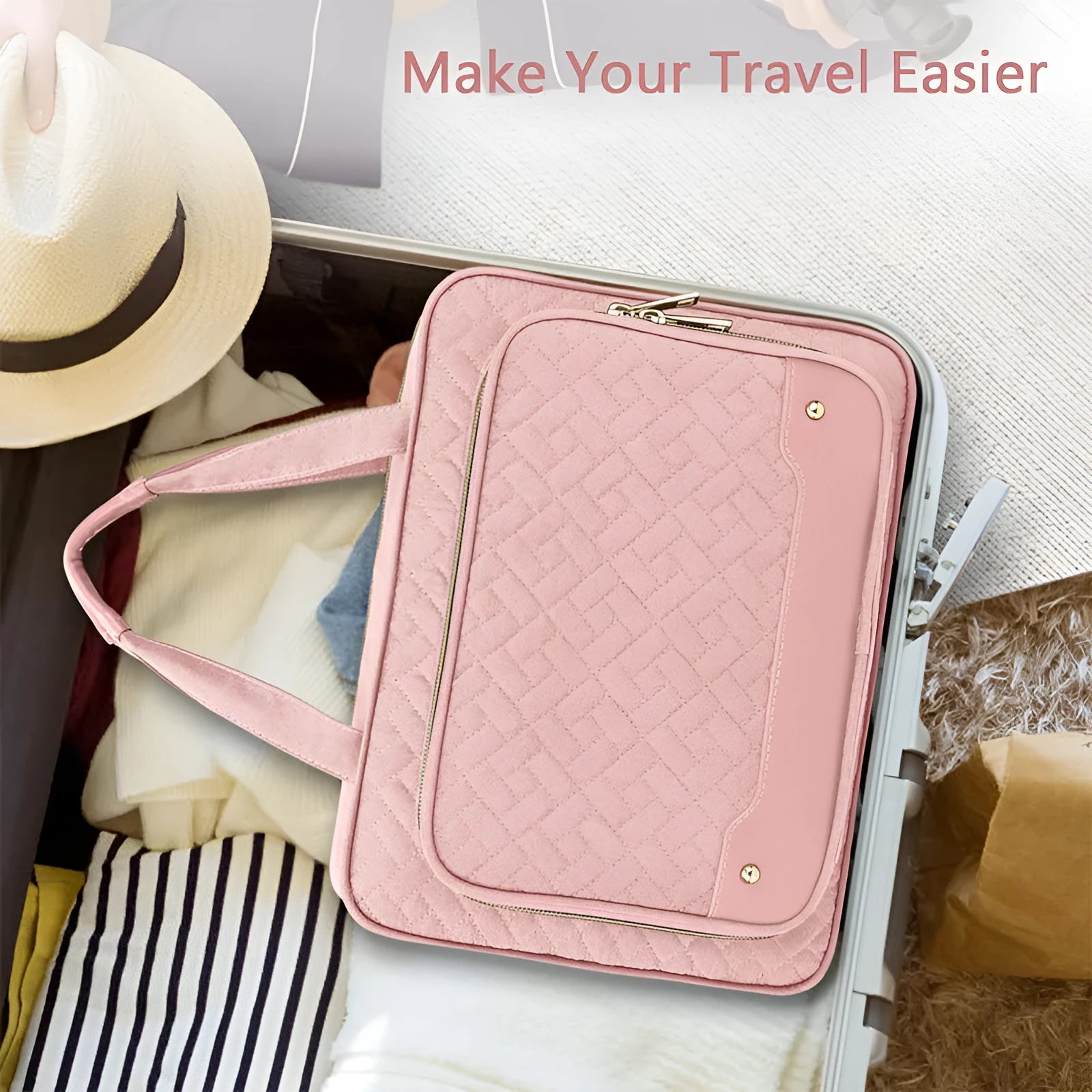 Waterproof polyester hanging cosmetic bag in pink or black measuring 30.5x11x22.9cm