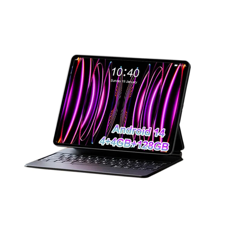 10-inch business tablet in bare metal blue with leather keyboard case open showing keyboard and screen